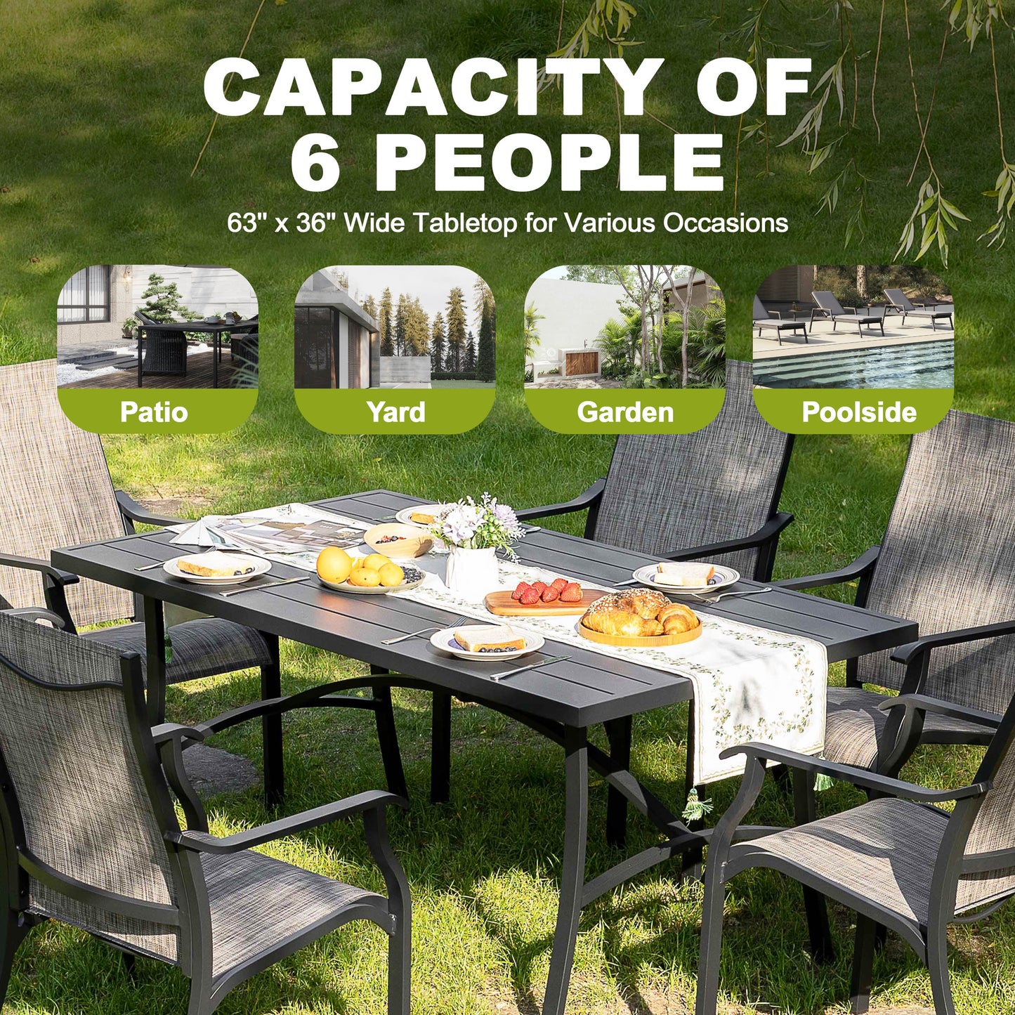 Nuu Garden 7 Piece Patio Dining Set, Rust-Resistant Aluminum Outdoor Dining Set, Include 6 Textilene Chairs and Rectangle Dining Table with Umbrella Hole, Grayish Brown