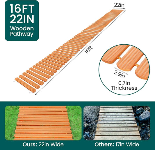 16FT Wooden Garden Pathway, 22'' Widened Outdoor Walkway Roll Out Cedar Patio Decorative Boardwalk Walkways, Weather-Resistant Roll Up Beach Wood Road Floor Wedding Party (Wood, 16FT)