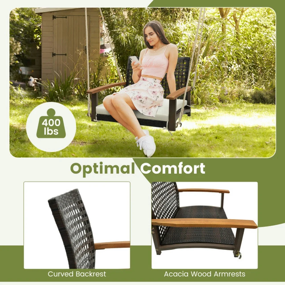 Spaco Single Rattan Porch Swing, Porch Swing with Armrests Cushion and Hanging Ropes, Durable Bench Swing for Outdoor as Garden, Patio, White