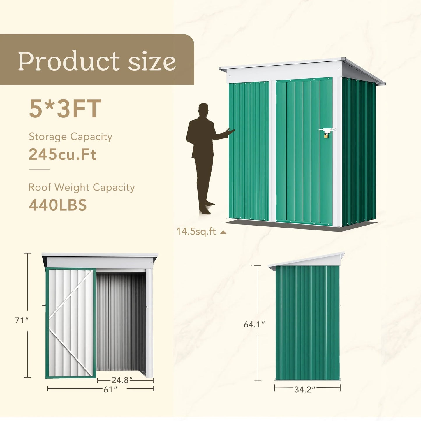 Vineego Metal Outdoor Storage Shed 5FT x 3FT, Steel Utility Tool Shed Storage House with Door & Lock, for Backyard Outdoor Patio,Green