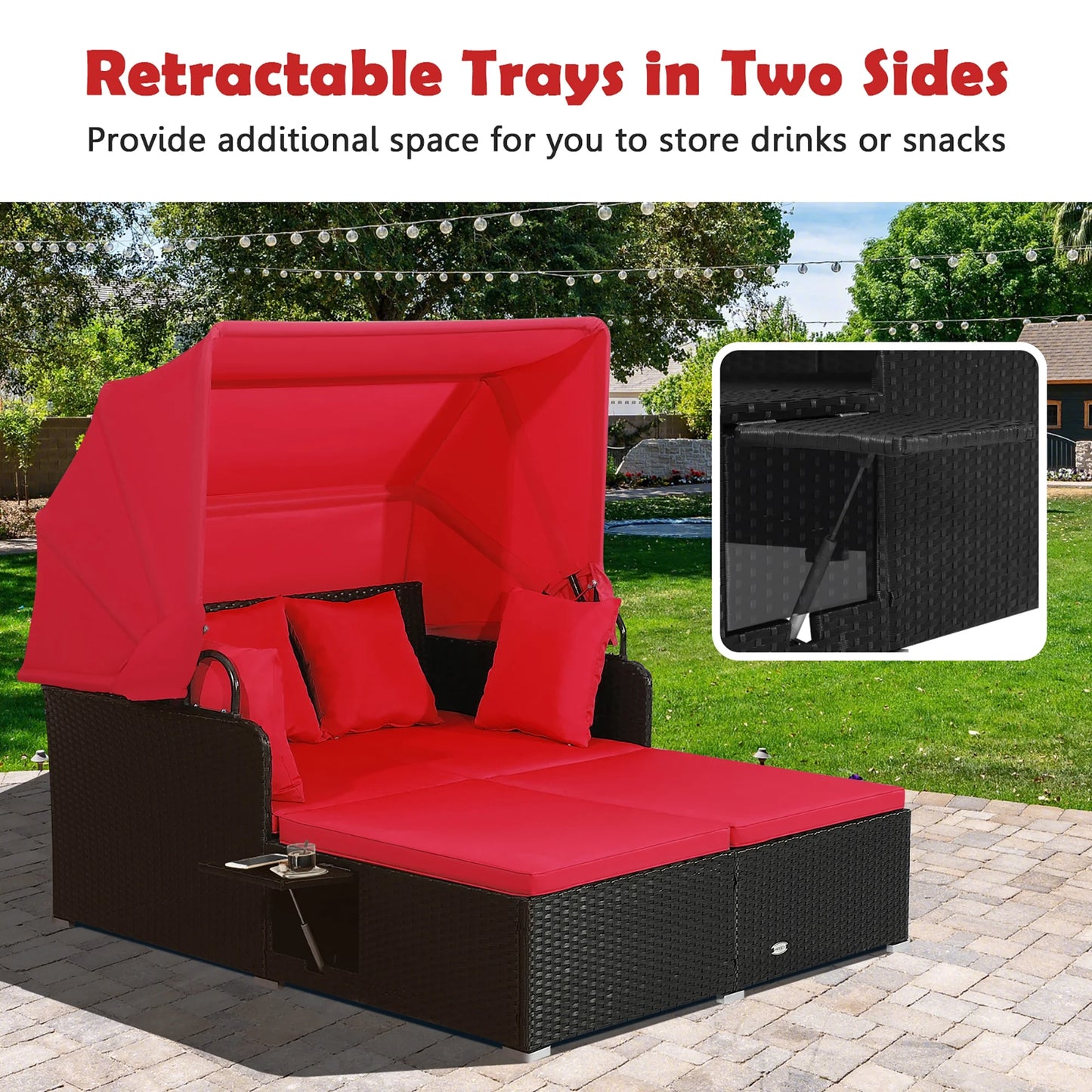 Costway Patio Rattan Daybed Lounge Retractable Top Canopy Side Tables Cushions Red