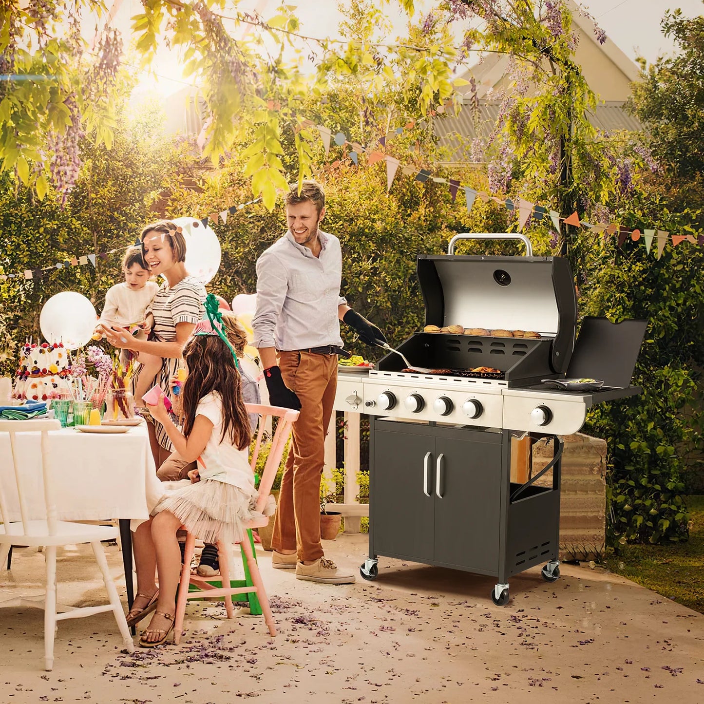Mellcom 4 Burner Gas Grill,36000 BTU BBQ Propane Stainless Steel with Side Table for Patio Garden