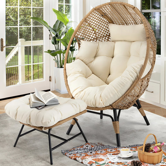 RADIATA 440 lbs Outdoor Egg Chair with Foot Rest & Ottoman, Wicker Patio Egg Chair for Indoor or Garden,Beige
