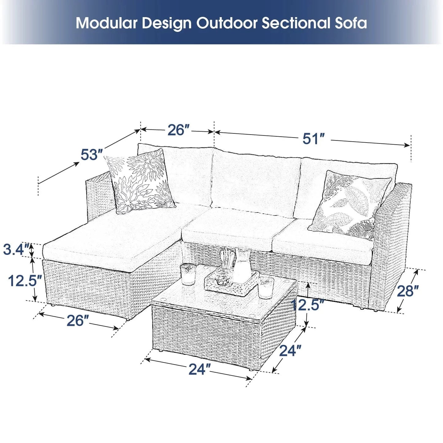 MF Studio 3 Pieces Outdoor Sectional Sofa Set Wicker Patio Furniture Conversation Set with Navy Blue Cushions