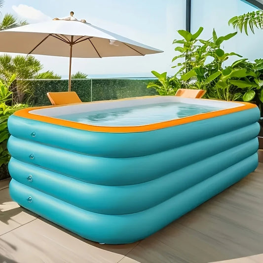 Super Large 3.1m 4-Layer Heightened & Thick Inflatable Swimming Pool - Foldable PVC Sunscreen Material, 4-Person Capacity, Blue & White Rectangular Design with Smooth Surface for Patio