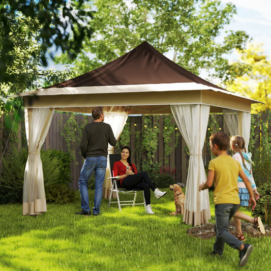 Homiyad 12' x 12' Canopy Tent with Mesh Netting, UPF50+ Pop Up Tent with Carry Bag for Garden, Patio, Brown