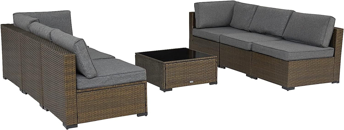 Kinbor 7pcs Outdoor Patio Rattan Wicker Furniture Sectional Sofa Set with Gray Cushions