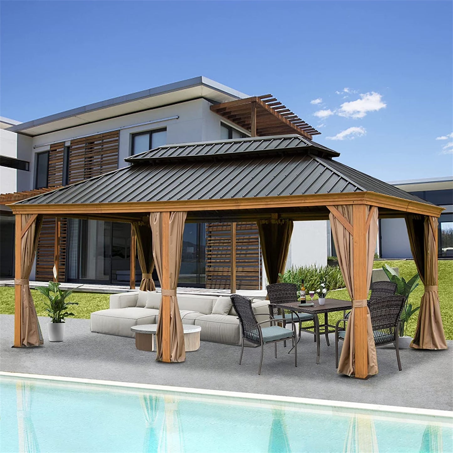 Mondawe 12x20ft Hardtop Gazebo, Galvanized Steel Gable Roof Gazebo Pergola with Wood Grain Aluminum Frame, Outdoor Permanent Gazebo Pavilion for Patio, Garden (Yellow Brown)