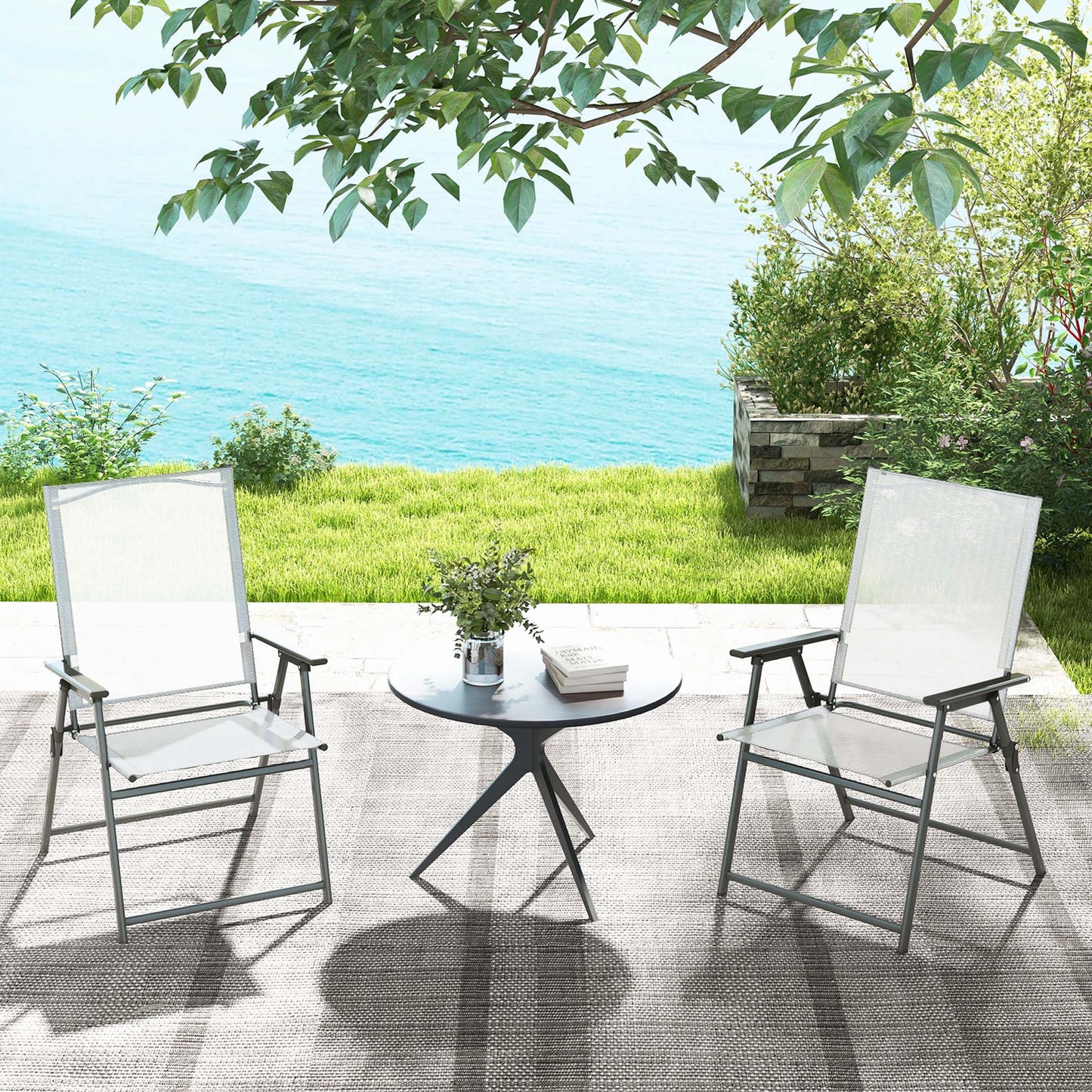 Costway 4pcs Patio Folding Portable Dining Chairs Metal Frame Armrests Garden Black