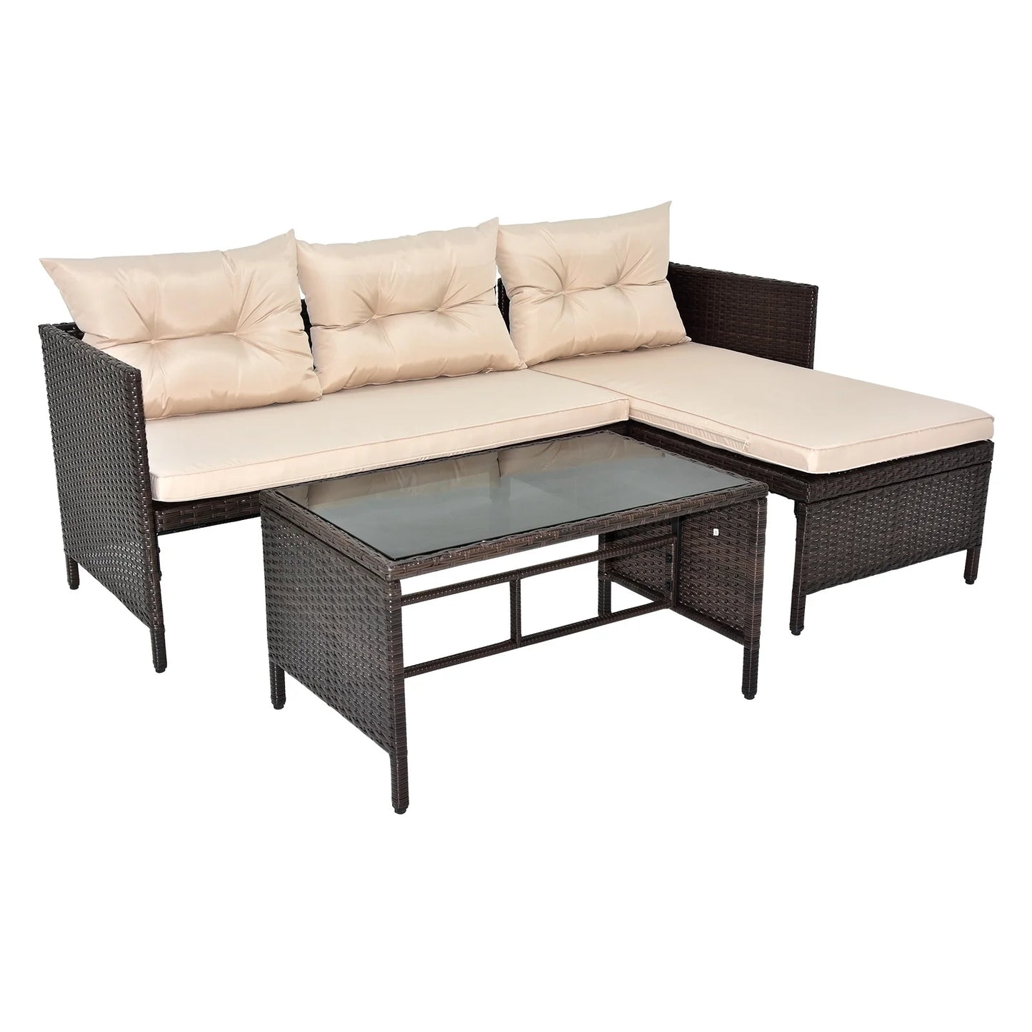 Outdoor Patio Furniture Set of 3, Rattan Wicker Outdoor Swivel Glider Rocker w/Table and Cushions, Brown