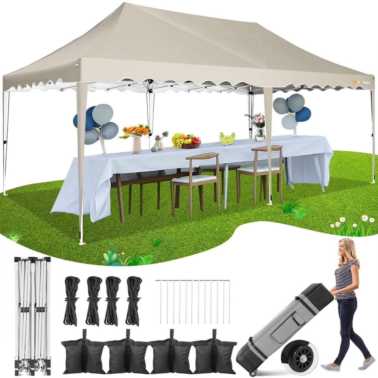 HOTEEL 10x20 Pop Up Canopy Tents for Parties, Outdoor Tent with Wheeled Bag & 4 Sandbags, Easy Setup Shelter Gazebo for Wedding, Patio Events, Commercial, Party -Waterproof and UV50+, Dark Blue