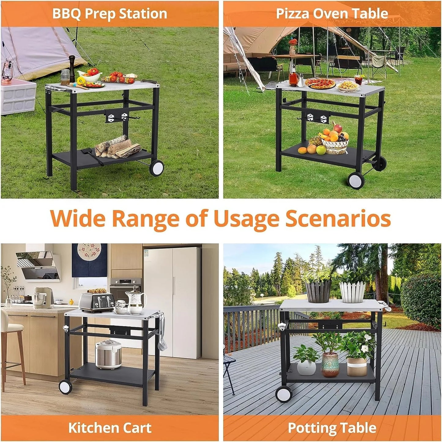 Outdoor Grill Cart Pizza Oven Stand, Stainless Steel Flattop Grill Cart, BBQ Prep Table with Wheels & Hooks, Side Handle, Tabletop Griddle Cooking Station for Bar, Patio, Camping, Home