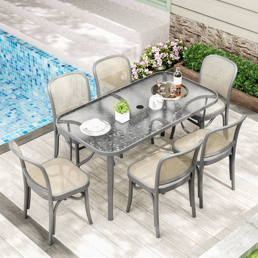 Pirecart Outdoor Glass Table with Umbrella Hole, Patio Dining Table for 6, for Garden, Balcony, Backyard, Poolside, Lawn, Gray