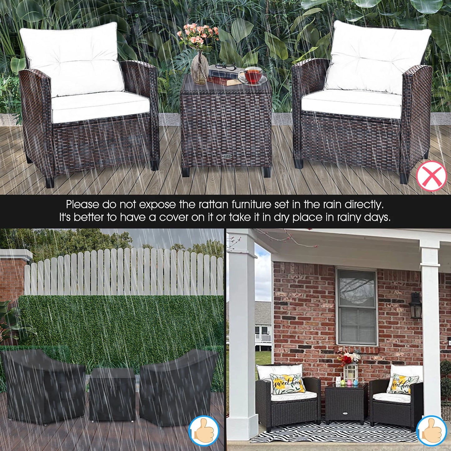 Costway 3PCS Patio Rattan Furniture Set Cushioned Conversation Set Sofa Coffee Table Red
