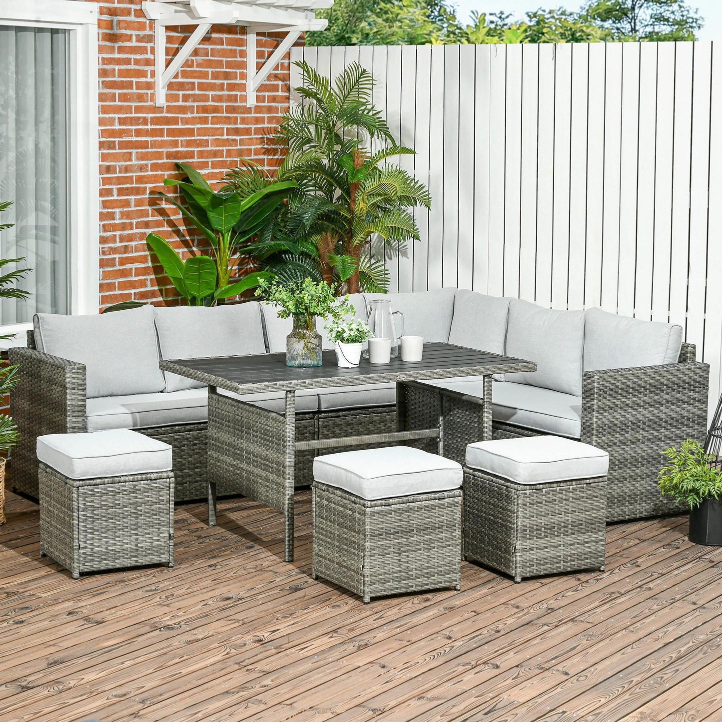 Resenkos Wicker Outdoor Patio Furniture Set, L-Shaped 7 Pieces Outdoor Dining Sectional Sofa, Gray
