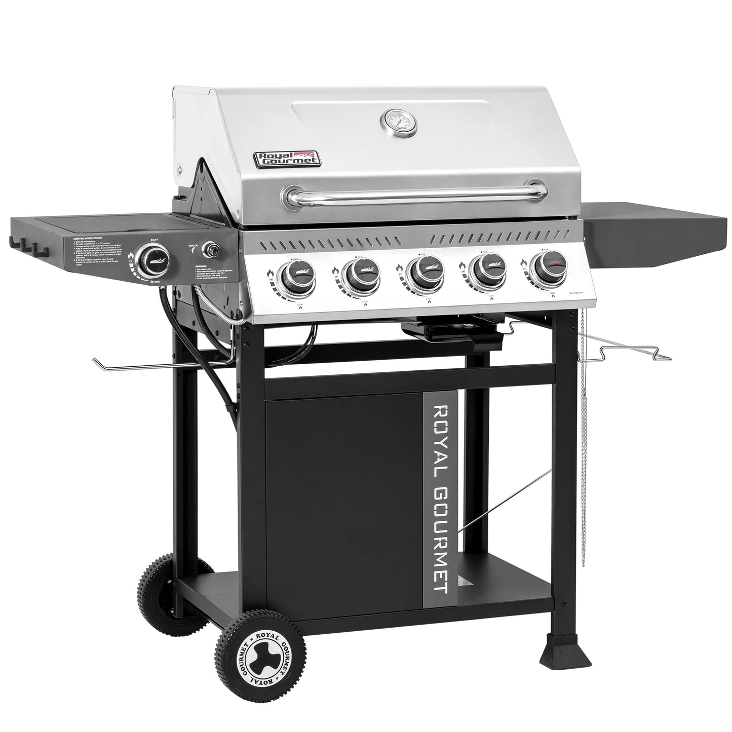 Royal Gourmet GA5406TS 5-Burner Gas Grill with Side Burner and Sear Burner,Cart Style Gas Grill with Side Shelf for Patio Garden Picnic Backyard Cooking, Silver & Black