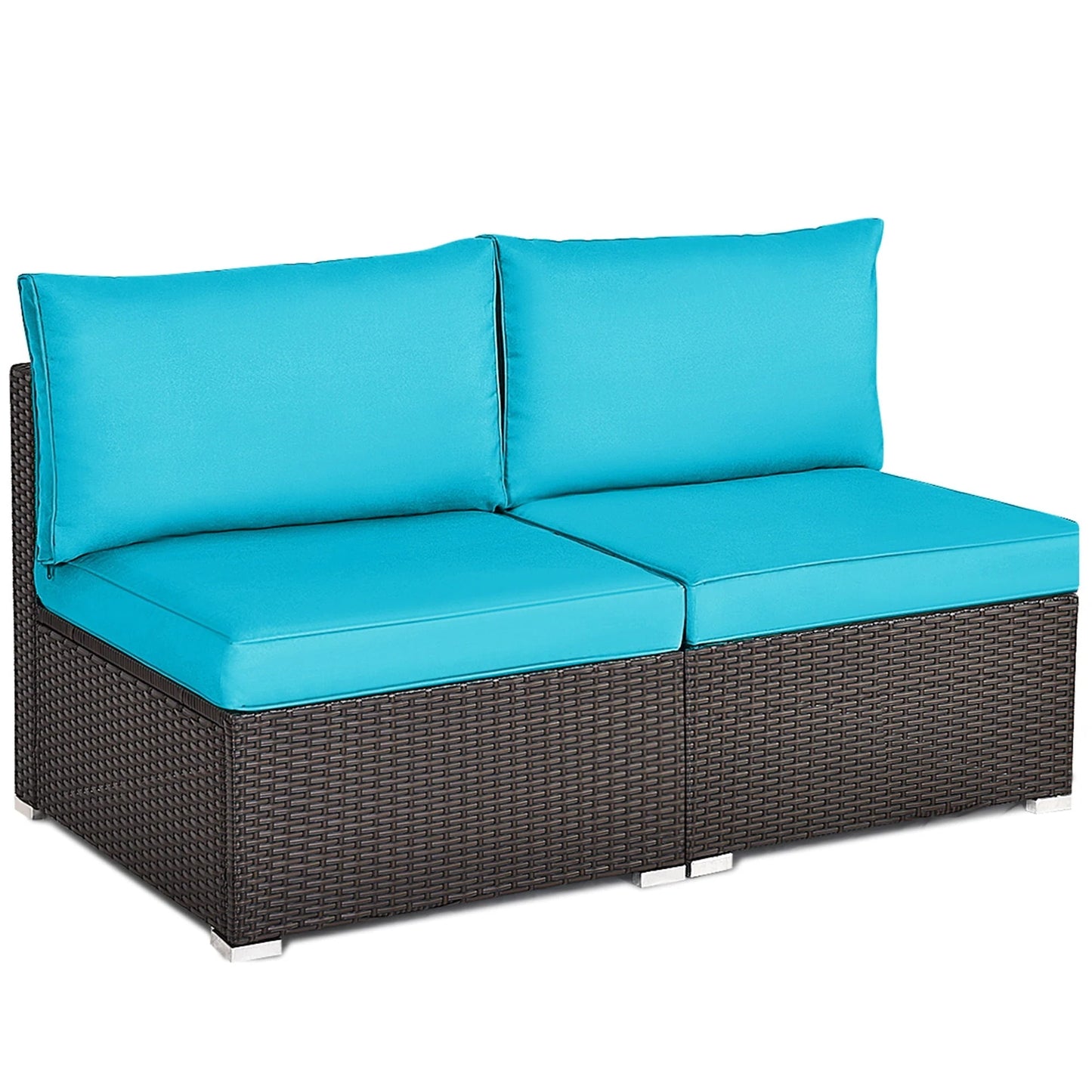 Gymax 2PCS Patio Wicker Rattan Sectional Armless Chair Sofa w/Turquoise Cushion