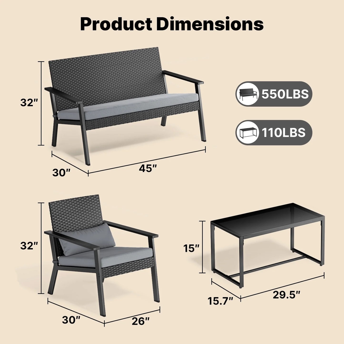 Lofka Outdoor Patio Furniture Set Clearance with Wicker Chairs and Tempered Glass Table for Balcony|Garden|Porch, Gray Cushions