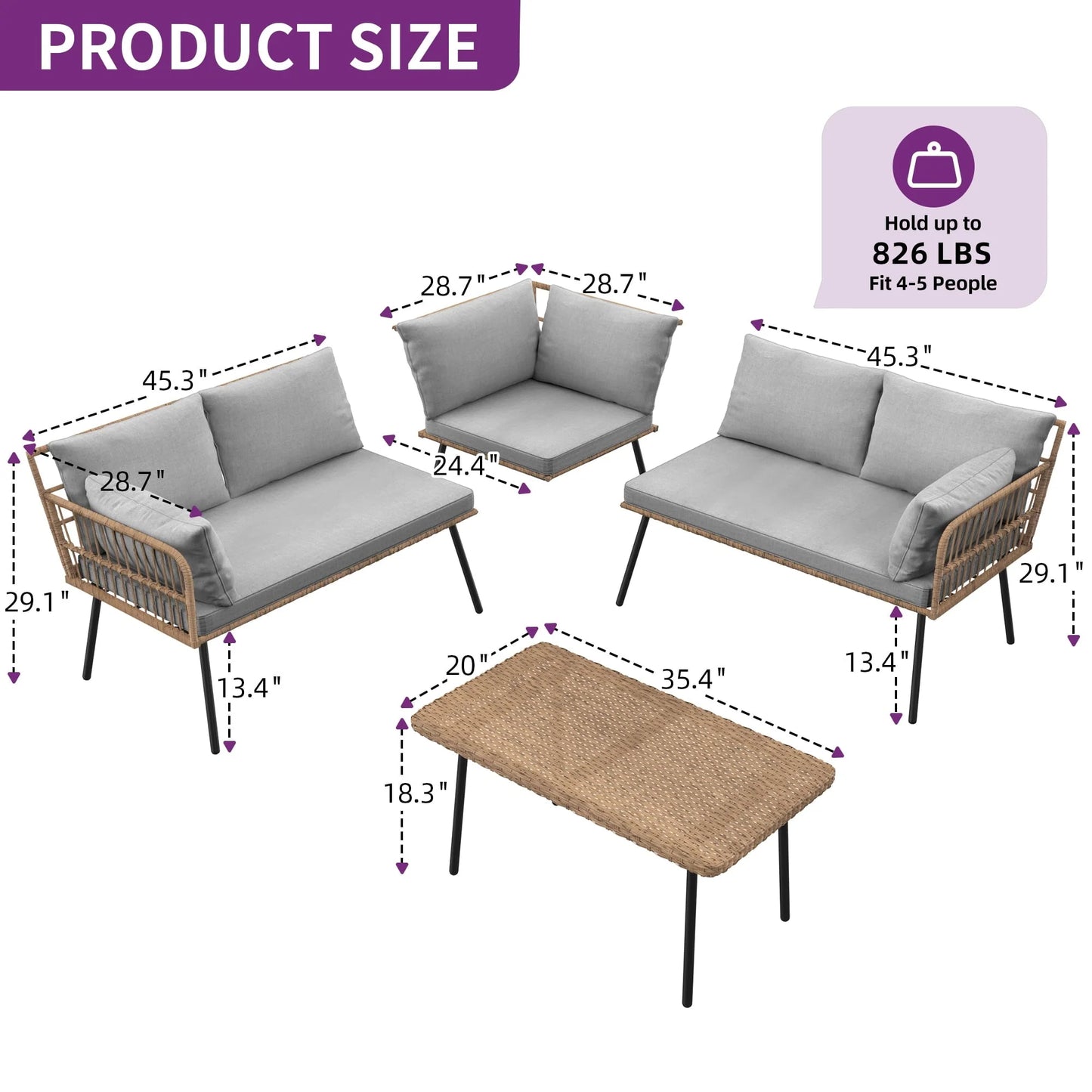 DWVO 5 PCS Patio Furniture Set, Outdoor Wicker Conversation Sectional L-Shaped Sofa with 5 Seater for Backyard,