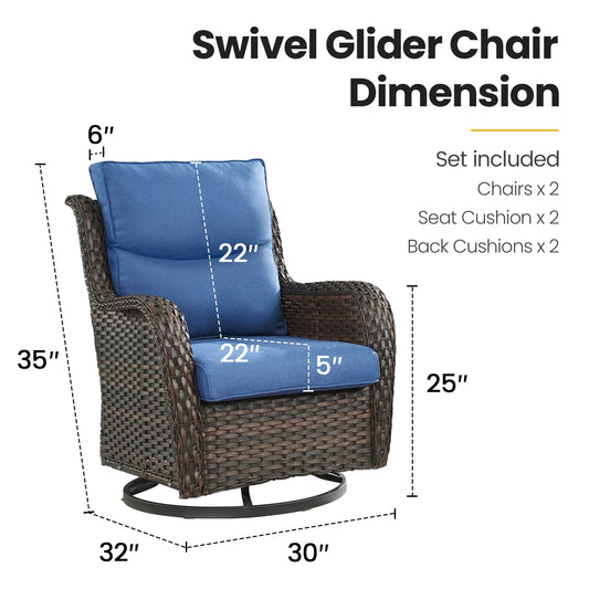 Gymojoy High Back Outdoor Swivel Rocker Patio Chairs Set of 2, All Weather Swivel Patio Glider Chairs with Thick Cushions for Porch, Poolside, Deck,Brown/Blue