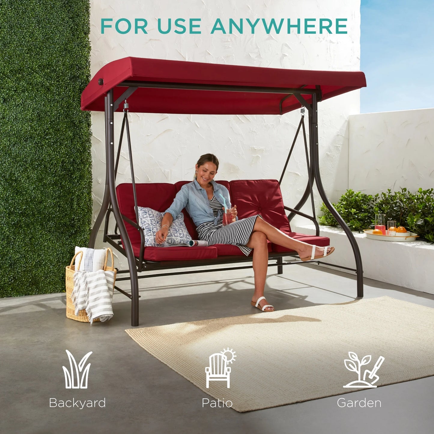 Best Choice Products 3-Seat Outdoor Converting Canopy Swing Glider Patio Hammock w/Removable Cushions - Burgundy