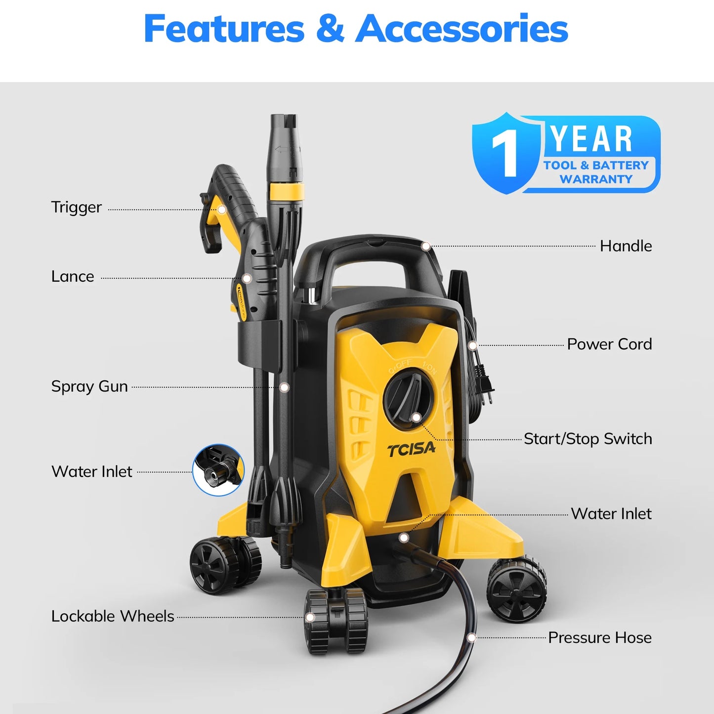 TCISA Electric Pressure Washer,4000 PSI Max 2.8 GPM Power Washer with 35FT Cord,20FT Hose,Adjustable Nozzle 0-120°,Foam Cannon for Car Garden Patio