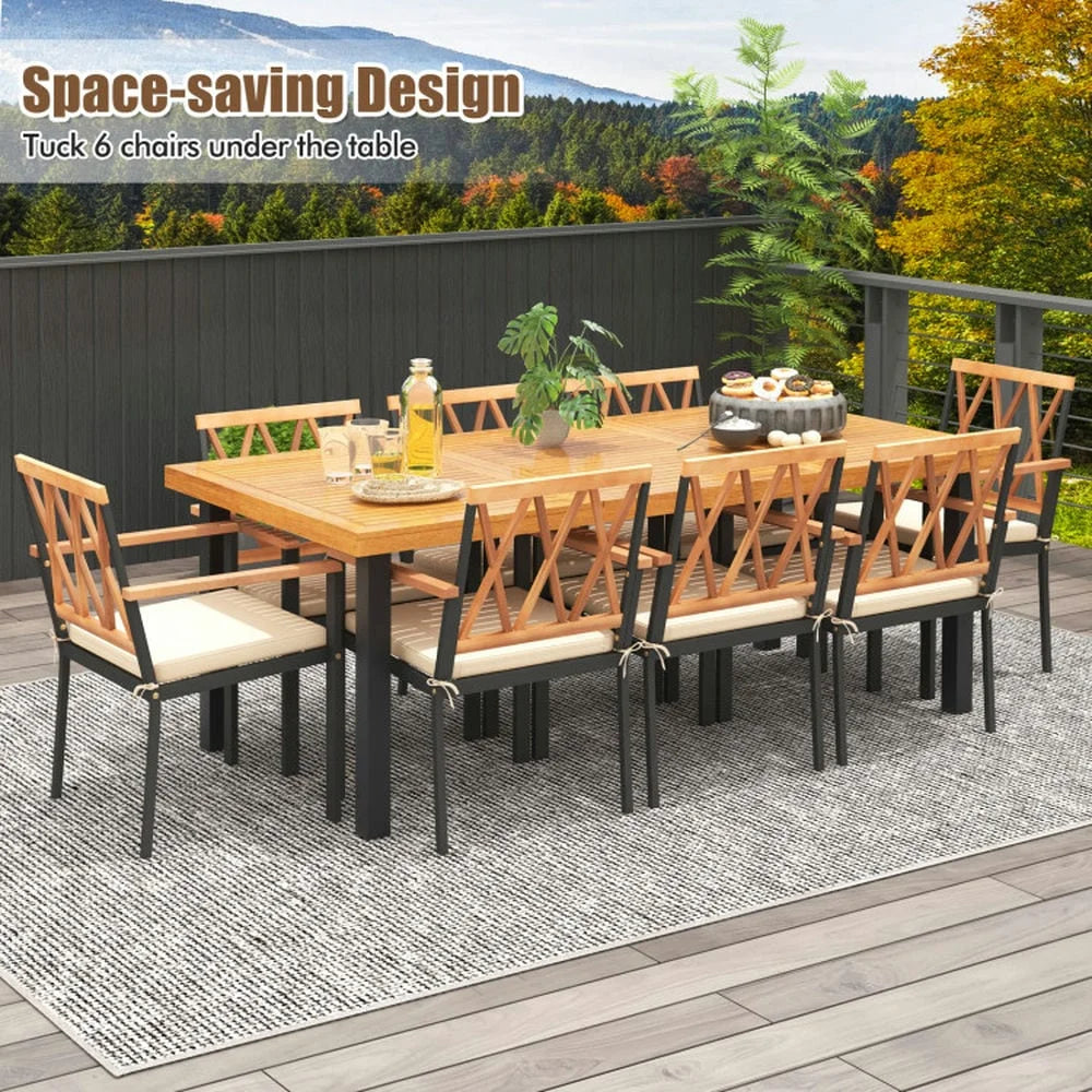 Spaco 8-Person Patio Table with 1.9 Inch Umbrella Hole, 79 Inch Acacia Wood Dining Table with Reinforced Metal Frame and Adjustable Foot Pads, Dining Table for Yard, Garden, Natural