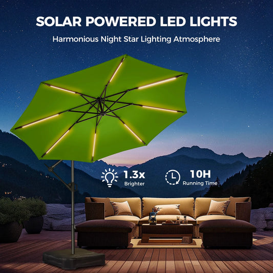 10ft Patio Umbrella Offset with Solar Light and Base,Offset Hanging Patio Outdoor Market Umbrella with Easy Tilt and Crank,for Yard,Garden,Home,Pool & Deck,Green
