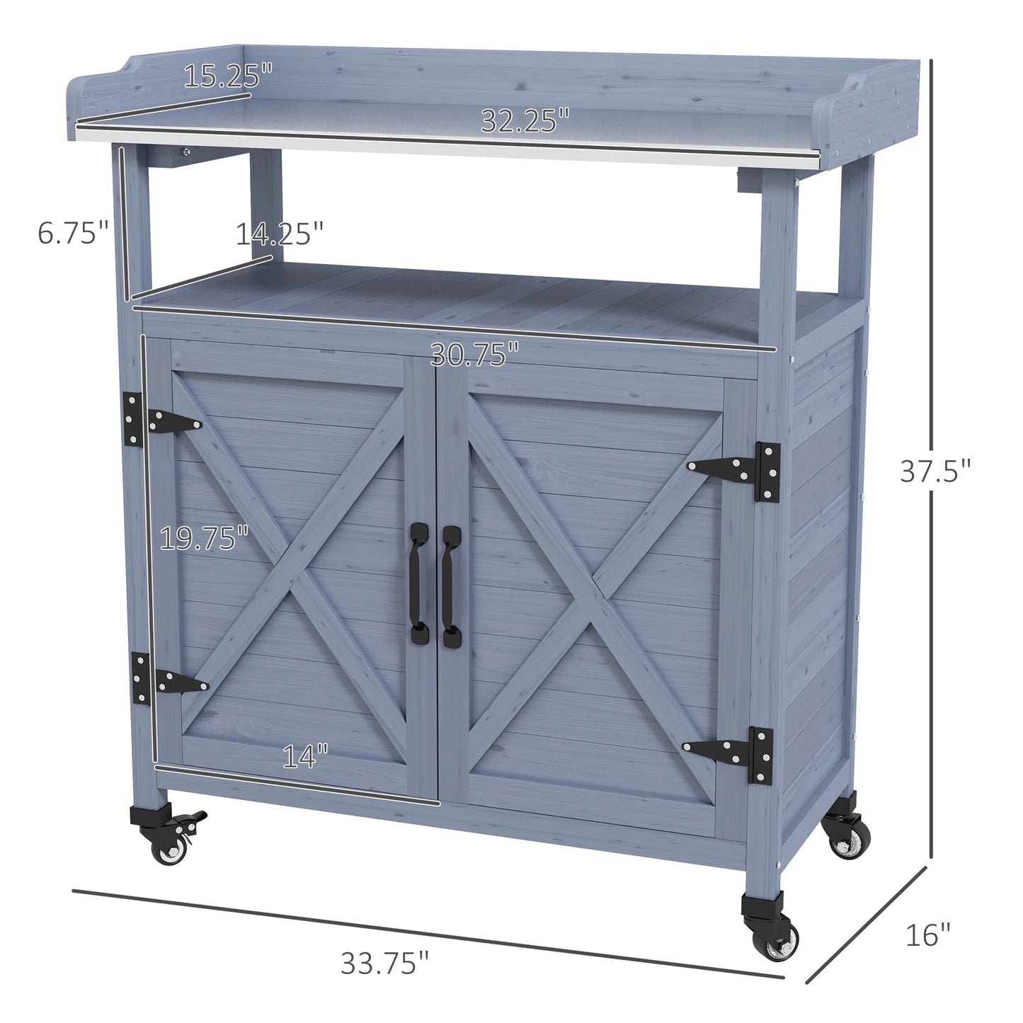 CoSoTower Outdoor Potting Bench, Wooden Potting Table with Storage Cabinet, Aluminum Table Top, Rubber Wheels for Backyard, Patio, Balcony, Gray