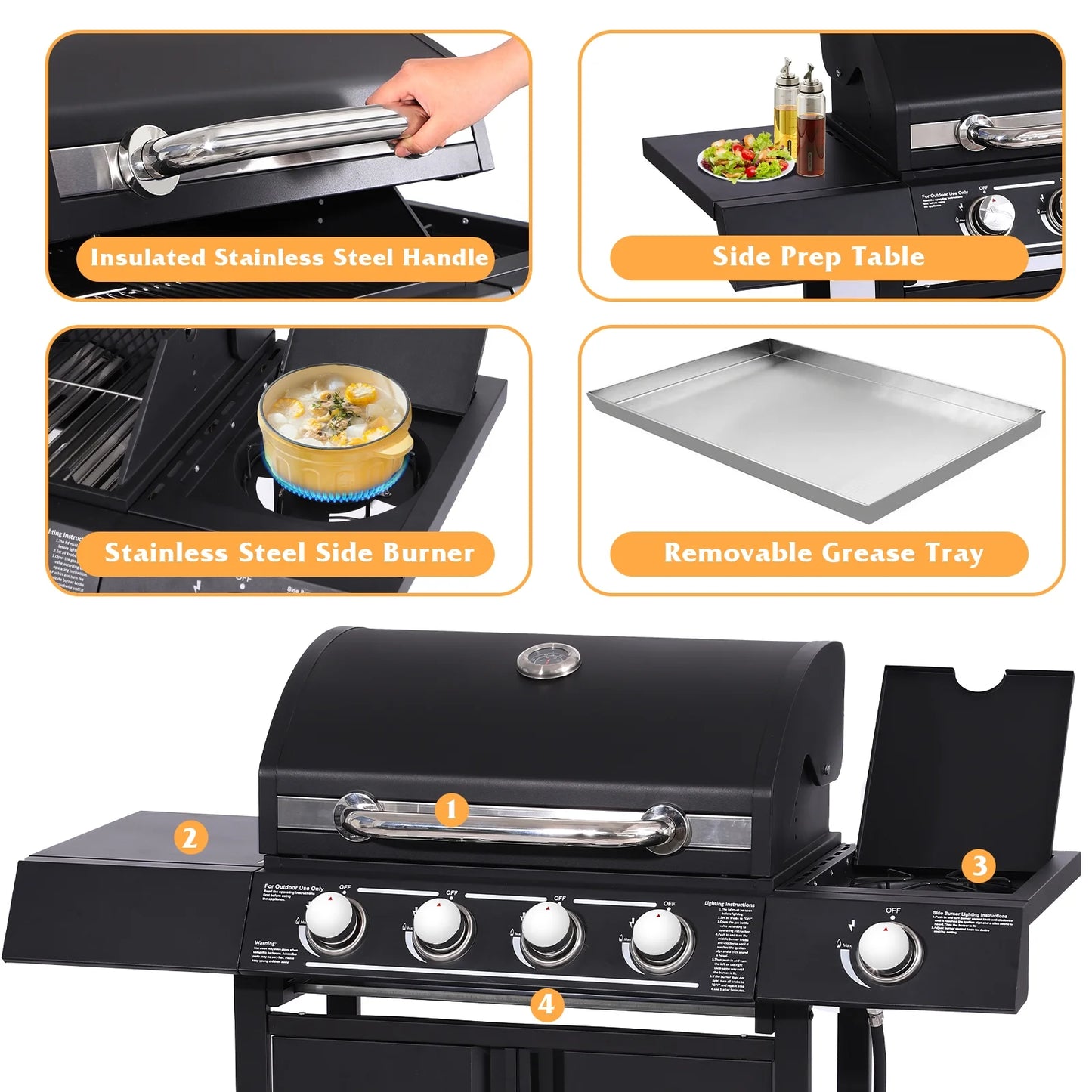 Haverchair 4-Burner Gas Grill Propane with Side Burner 50,000 BTU Outdoor BBQ Propane Gas Grill Cart Barbecue Grill for Patio Garden Picnic Backyard Cooking Camping,Black