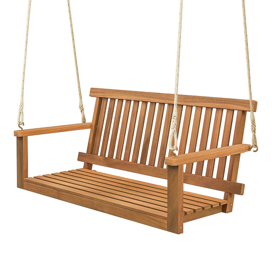 Gymax 2-Person Acacia Wood Outdoor Porch Swing Patio Hanging Bench Chair Natural