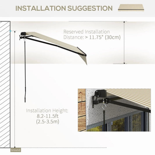 Outsunny 12' x 10' Retractable Awning, Patio Awning Sunshade Shelter with Manual Crank Handle, 280gsm UV Resistant Fabric and Aluminum Frame for Deck, Balcony, Yard, Beige and White On-Site