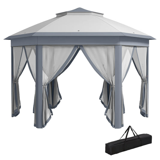 Outsunny 13' x 13' Pop Up Gazebo Hexagonal Canopy with 6 Zippered Mesh Netting, 2-Tier Roof Event Tent with Steel Frame for Patio Backyard, Gray