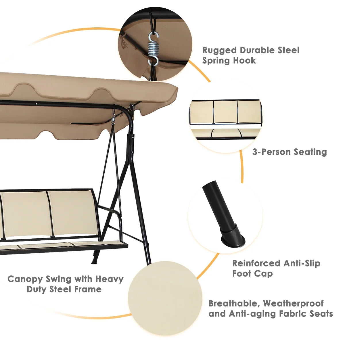 Costway Outdoor Patio Swing Canopy 3 Person Canopy Swing Chair Patio Hammock Brown