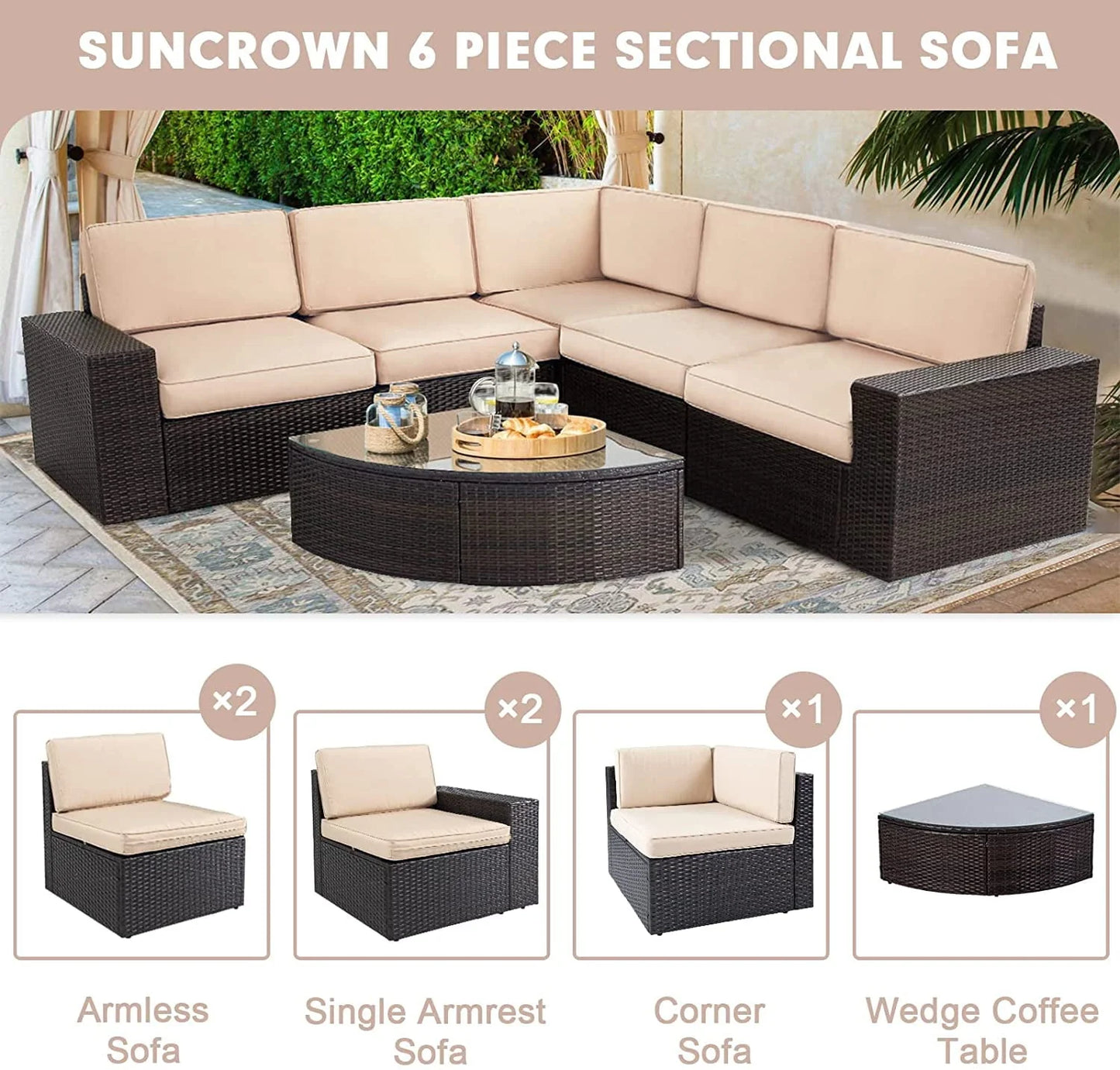 SUNCROWN 6-Piece Patio Furniture Set Outdoor Wicker Conversation Set with Wedge Table, Brown