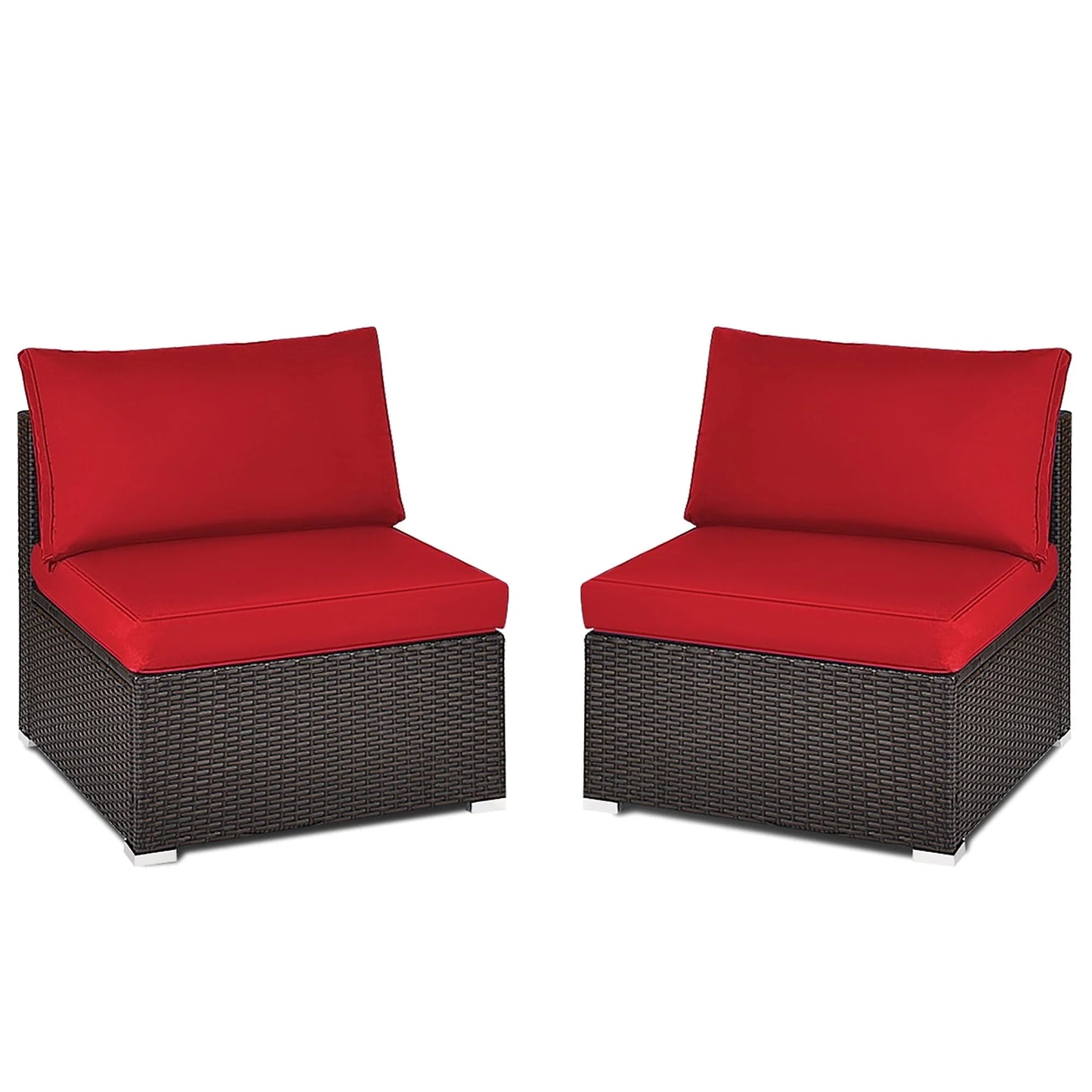 Costway 2PCS Patio Rattan Armless Sofa Sectional Conversation Furniture Set W/Cushion Red