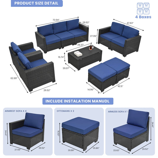 10 Pieces Patio Furniture Sets Outdoor,Manual Weaving Wicker Rattan Sectional Sofa Patio Conversation Sets with Cushions & Coffee Table with Hidden Storage for Outside, Balcony, Porch