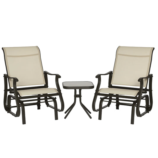 Outsunny 3-Piece Outdoor Gliders Set Bistro Set with Steel Frame, Tempered Glass Top Table for Patio, Garden, Backyard, Lawn, Beige