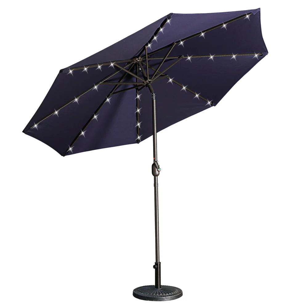 9ft Patio Umbrella Outdoor Market 32 LED Solar Umbrella with Tilt and Crank(Navy Blue)