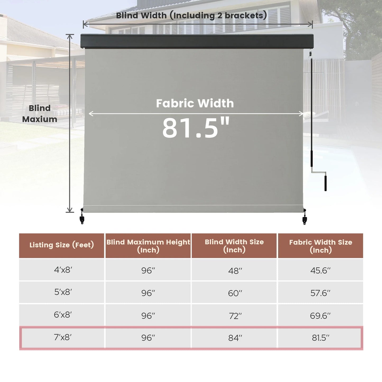 Vicllax 7'Wx8'H Outdoor Roller Shades Blinds for Patio Porch Crank Operation Solar Fabric, Light Gray