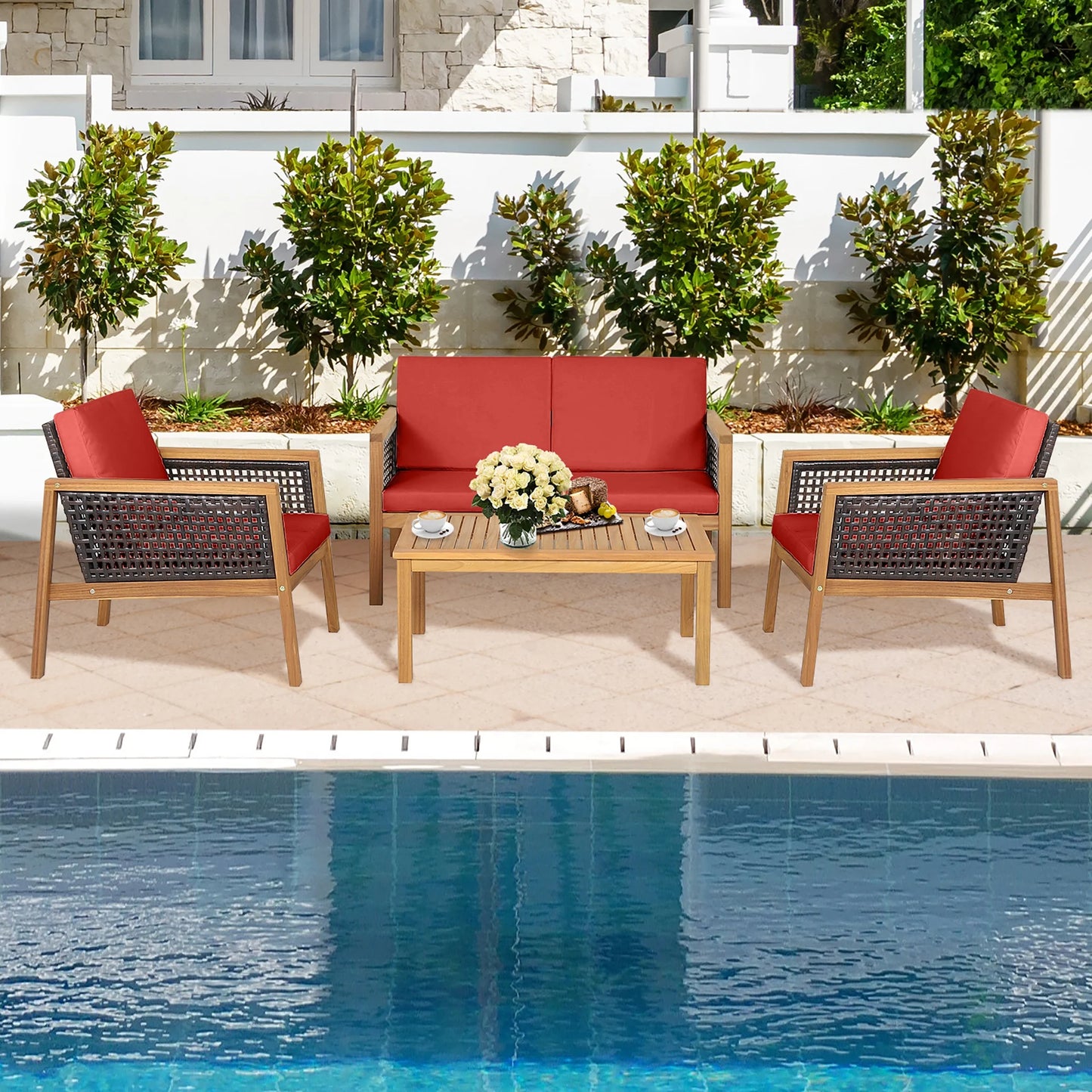Costway 8PCS Patio Rattan Furniture Set Acacia Wood Cushioned Sofa Off White