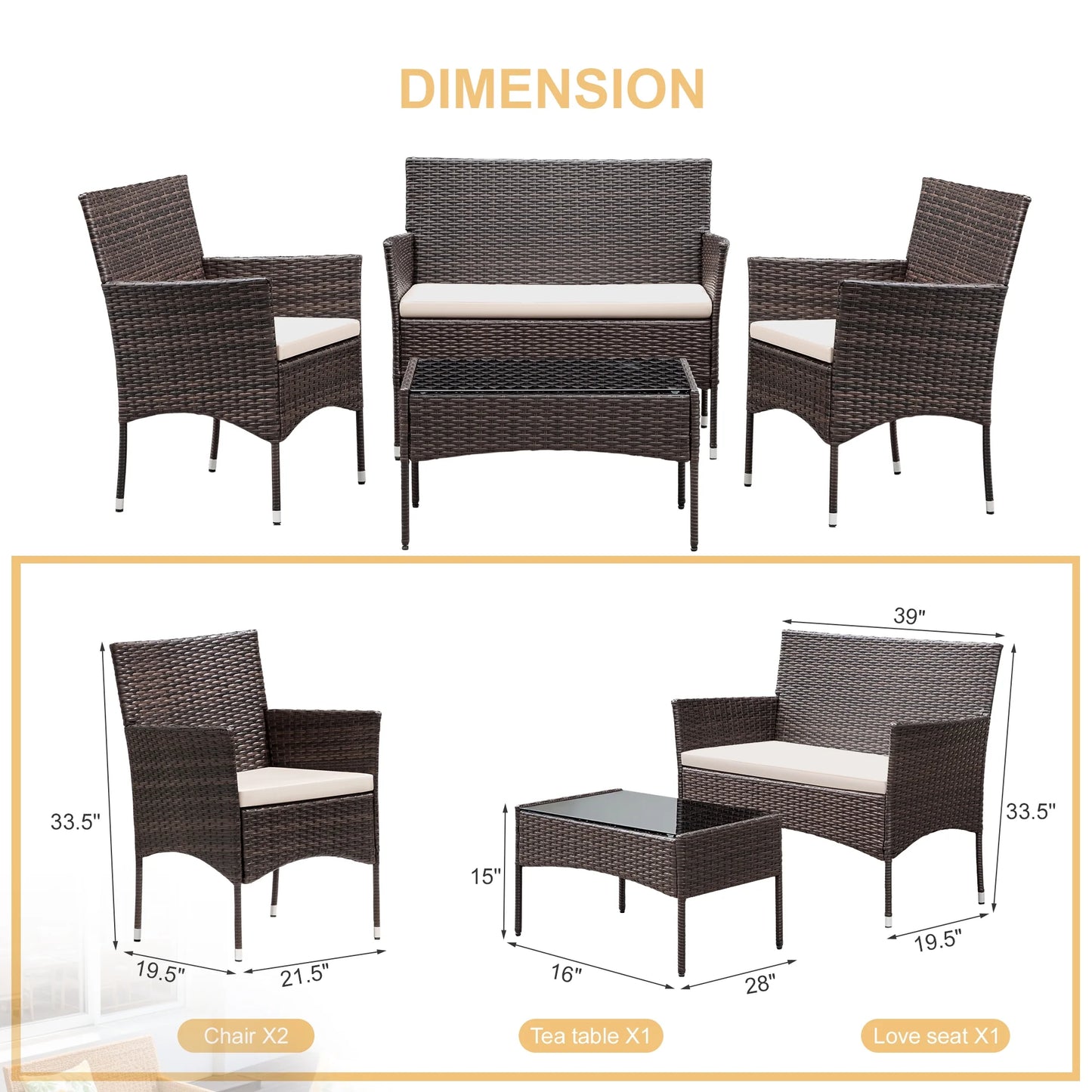 Lacoo 4 Pieces Patio Conversation Set Outdoor PE Rattan Wicker Chairs Set and Table, Brown