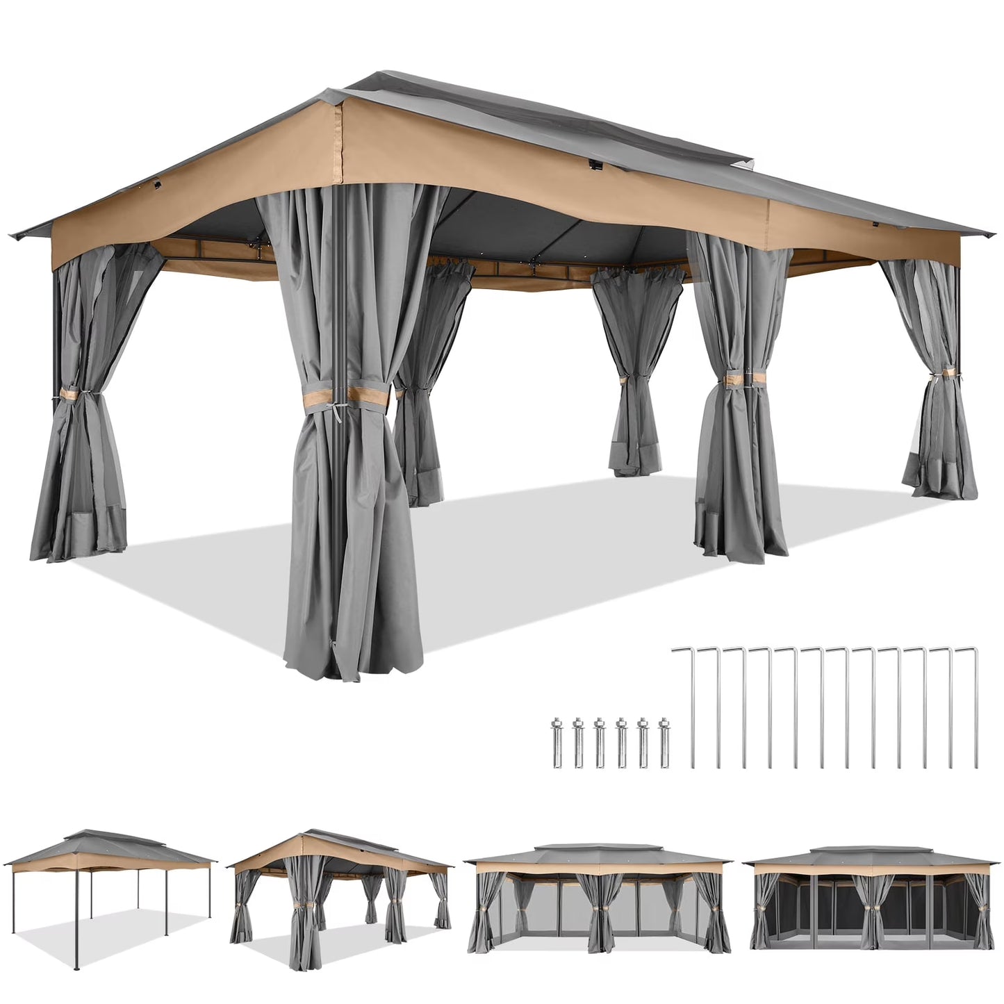 SANOPY 12X20 Heavy Duty Outdoor Gazebo with Mosquito Netting and Curtains, Canopy Tent Deck Gazebo with Double-Flat Roof Ventiation and Metal Steel Frame Suitable for Lawn, Backyard, Patio