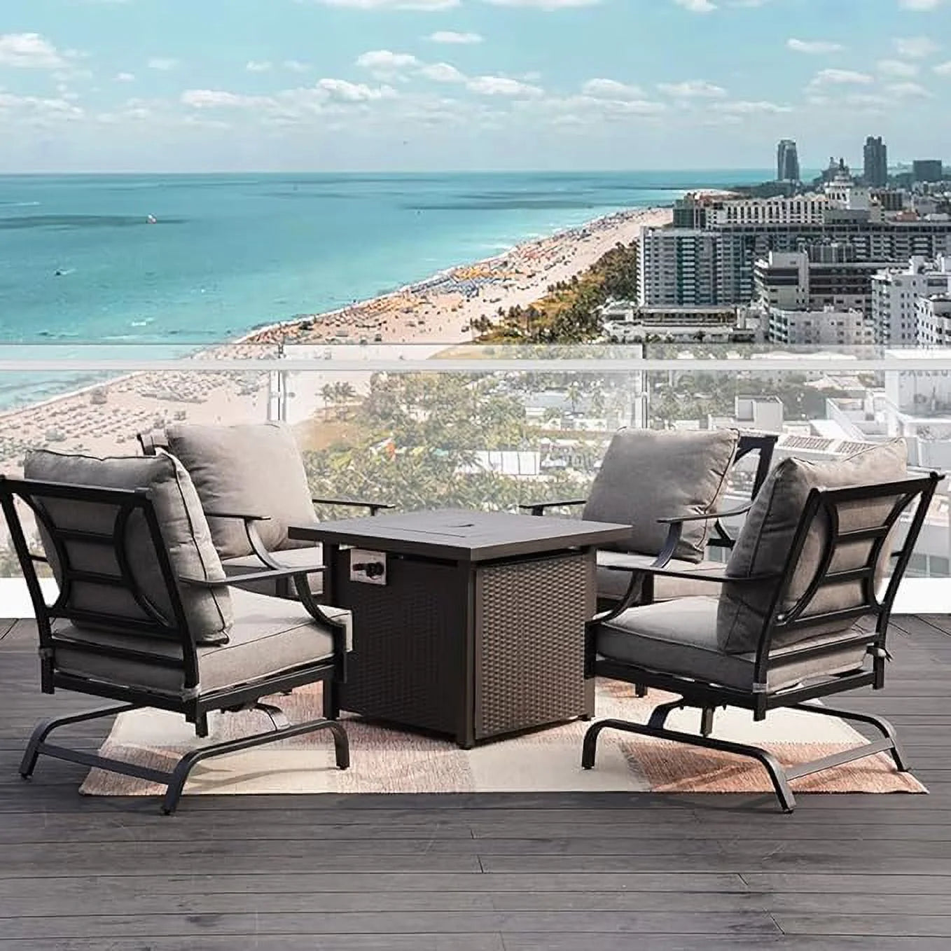 Grand Patio 5-Piece Patio Furniture Conversation Sets with Propane Fire Pit Table Cushioned Rocking Chairs Set of 4, Steel Frame, Gray