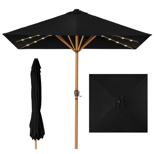 Best Choice Products 9ft Deep Square Solar LED Lighted Patio Umbrella w/Woodgrain Pattern, UV-Resistant - Black