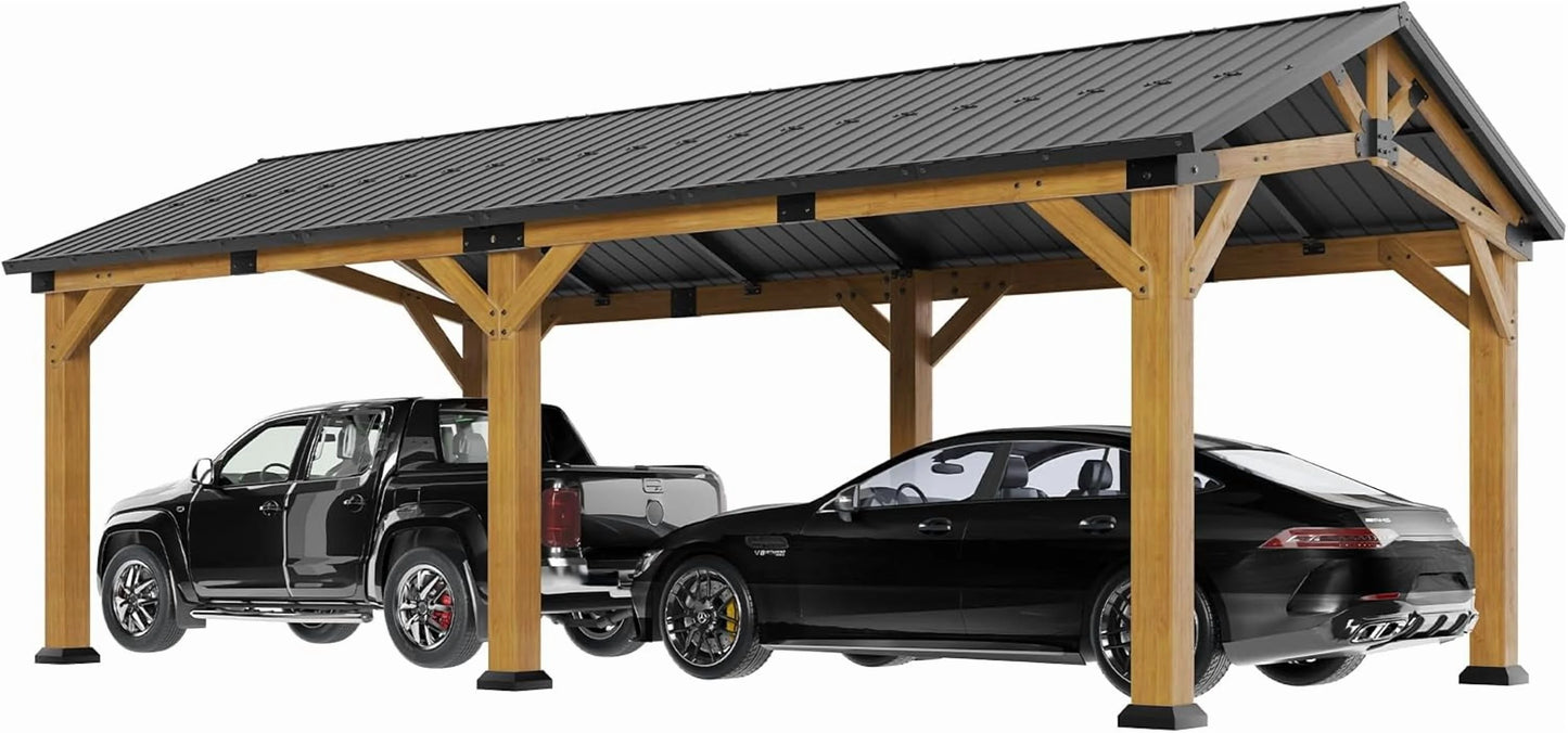 Jocisland 12'x24' Cedar Wood Hardtop Gazebo with Waterproof Outdoor Carport Pavilion,Steel Roof,Heavy-Duty Snow & Wind Resistant Canopy for Patio, Driveway, Garden