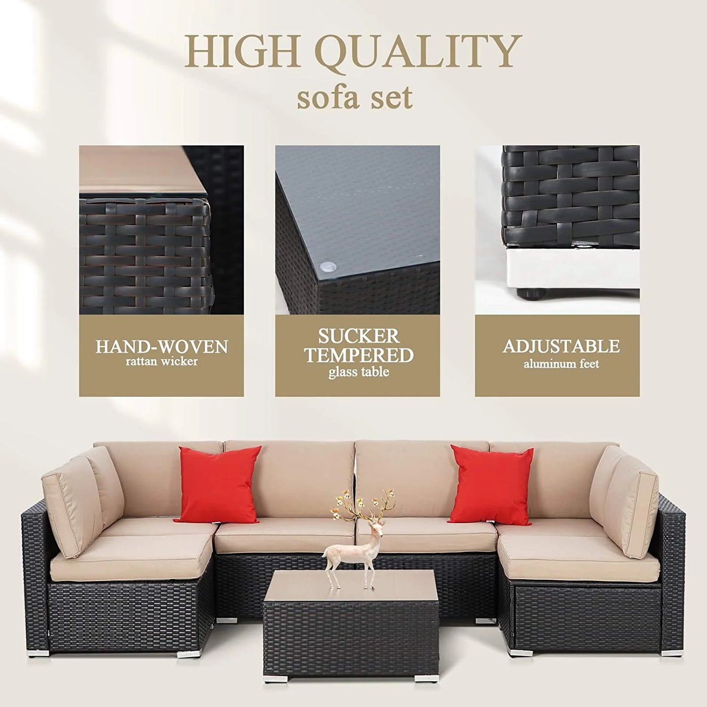SUNCROWN 6-Piece Outdoor Furniture Patio Sectional Set All-Weather Wicker Conversation Sofa, Light Brown