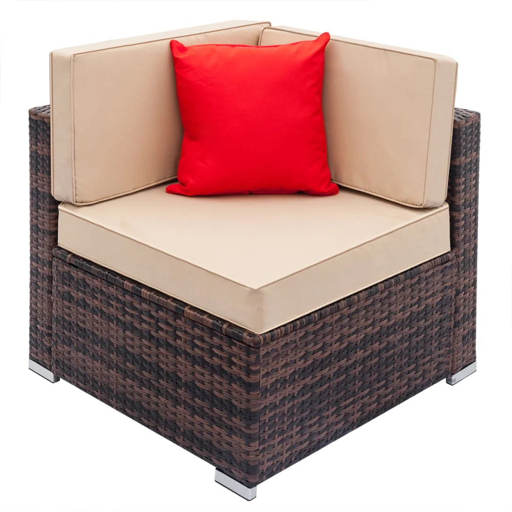 Patio Furniture Sets, 7-Piece Wicker Patio Conversation Furniture Set w/6 Seats, 1PC Tempered Glass Table, 6 Weather-Resistant Cushions, 2 Red Pillows for Backyard Porch Lawn Pool, Q2353