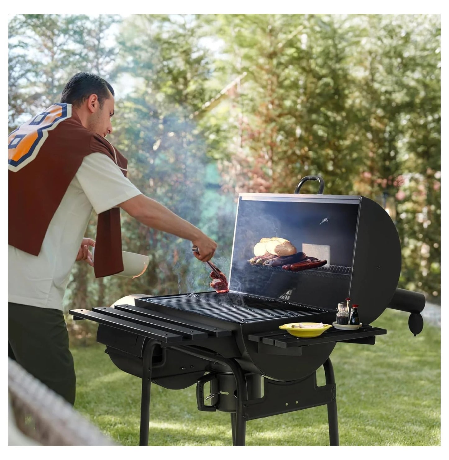 Charcoal Grill 3-in-1, Offset Smoker BBQ Grill for Outdoor Use, Heavy Duty Steel Grill with Side Table, Warming Rack, Fire Drawer - Garden, Patio, Backyard