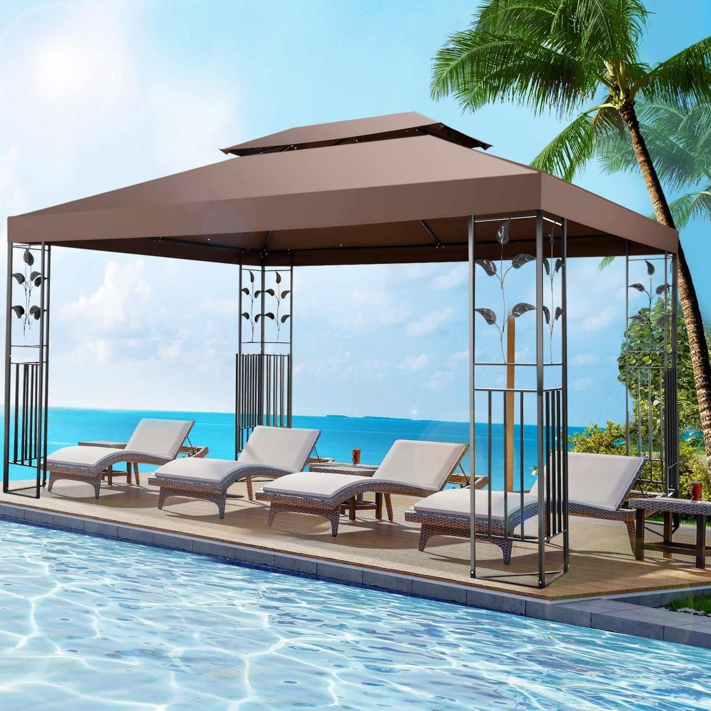 SANOPY Outdoor Gazebo Canopy with 4 Detachable Mosquito Nets, UV and Rainproof Gazebo Patio Easy to Assemble with Double Eaves, Top Drainage Hole Design, Suit for Terrace, Lawn, Garden